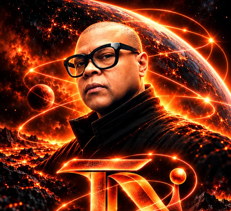 Tony Nova artist portrait in the cosmic-orange visual identity